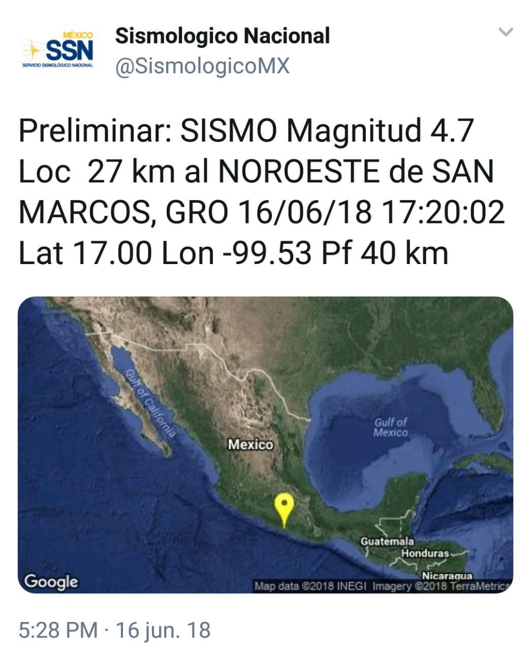 SPCGRO REPORTA SISMO DE 4.7 CON EPICENTRO EN EL MUNICIPIO DE SAN MARCOS
