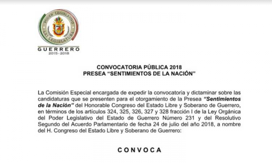 CONVOCA CONGRESO A LA CIUDADANÍA A PRESENTAR PROPUESTAS PARA QUE RECIBAN LA PRESEA “SENTIMIENTOS DE LA NACIÓN”