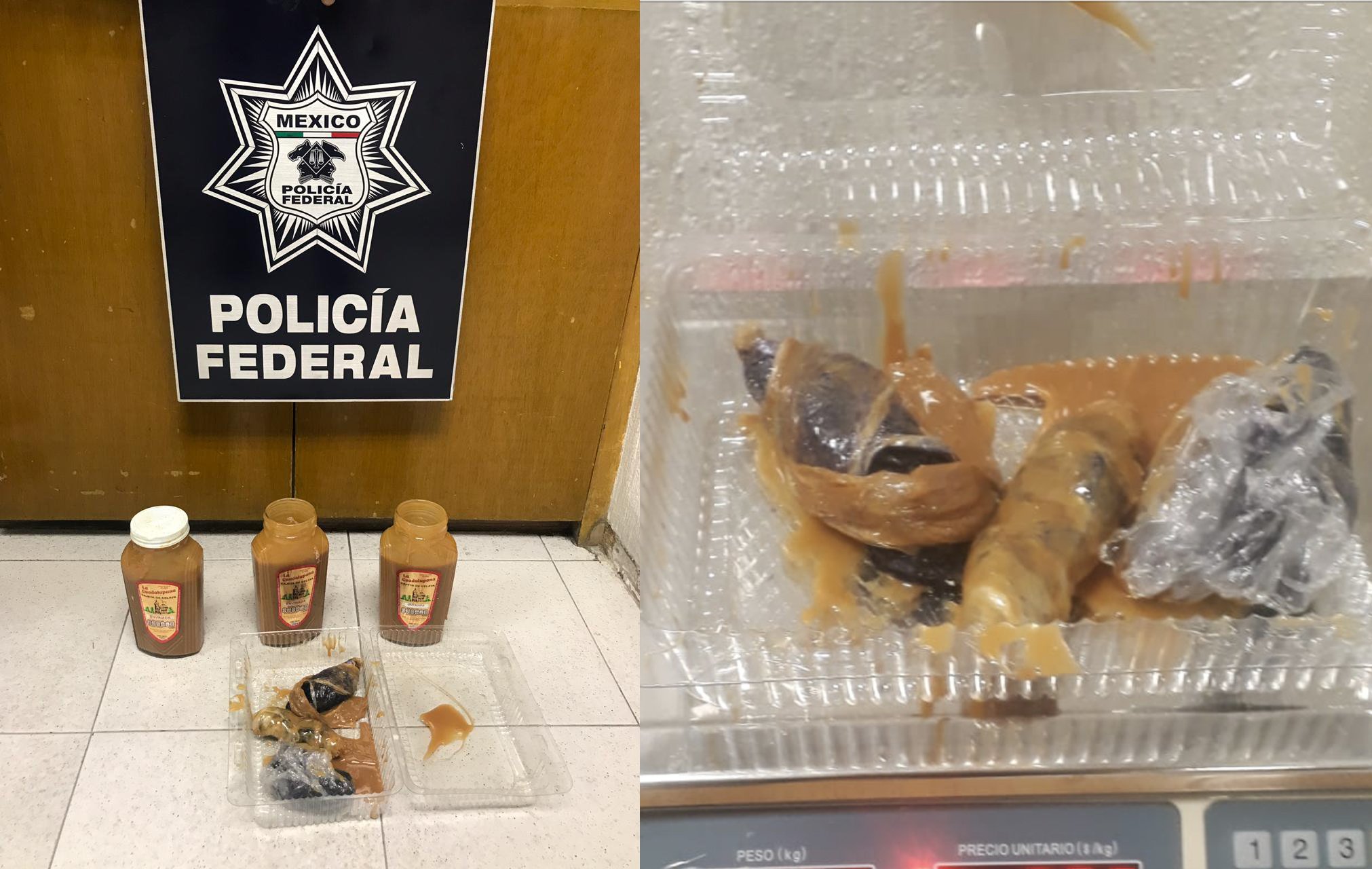 POLICÍA DECOMISA FRASCOS DE CAJETA CON METANFETAMINA EN AEROPUERTO DE CDMX