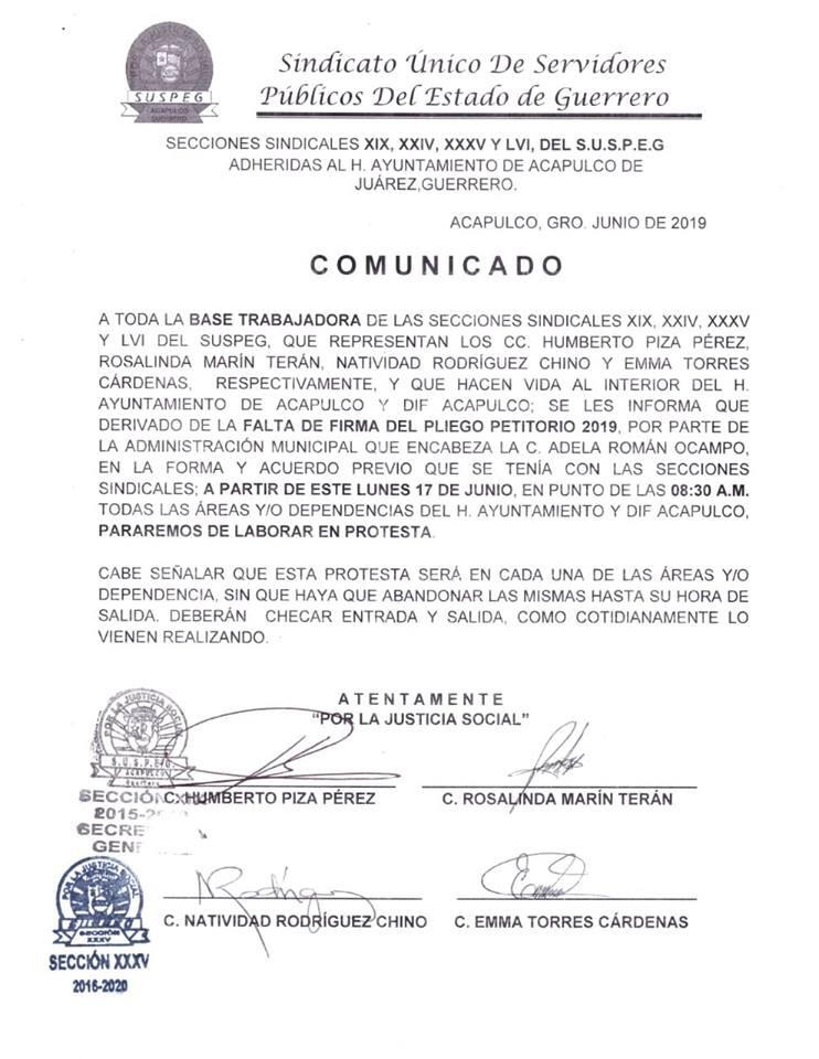 SINDICALIZADOS DEL AYUNTAMIENTO DE ACAPULCO NO TRABAJARÁN PRÓXIMO LUNES SINDICALIZADOS DEL AYUNTAMIENTO DE ACAPULCO NO TRABAJARÁN PRÓXIMO LUNES