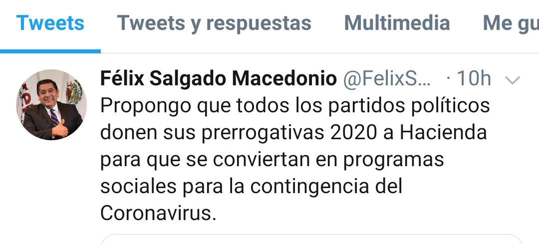 Propone Félix Salgado que partidos políticos donen prerrogativas para atender contingencia