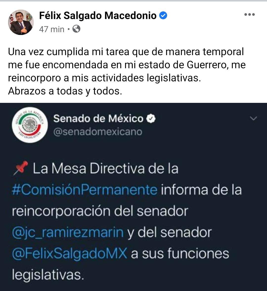 Regresa Félix Salgado al Senado de la República
