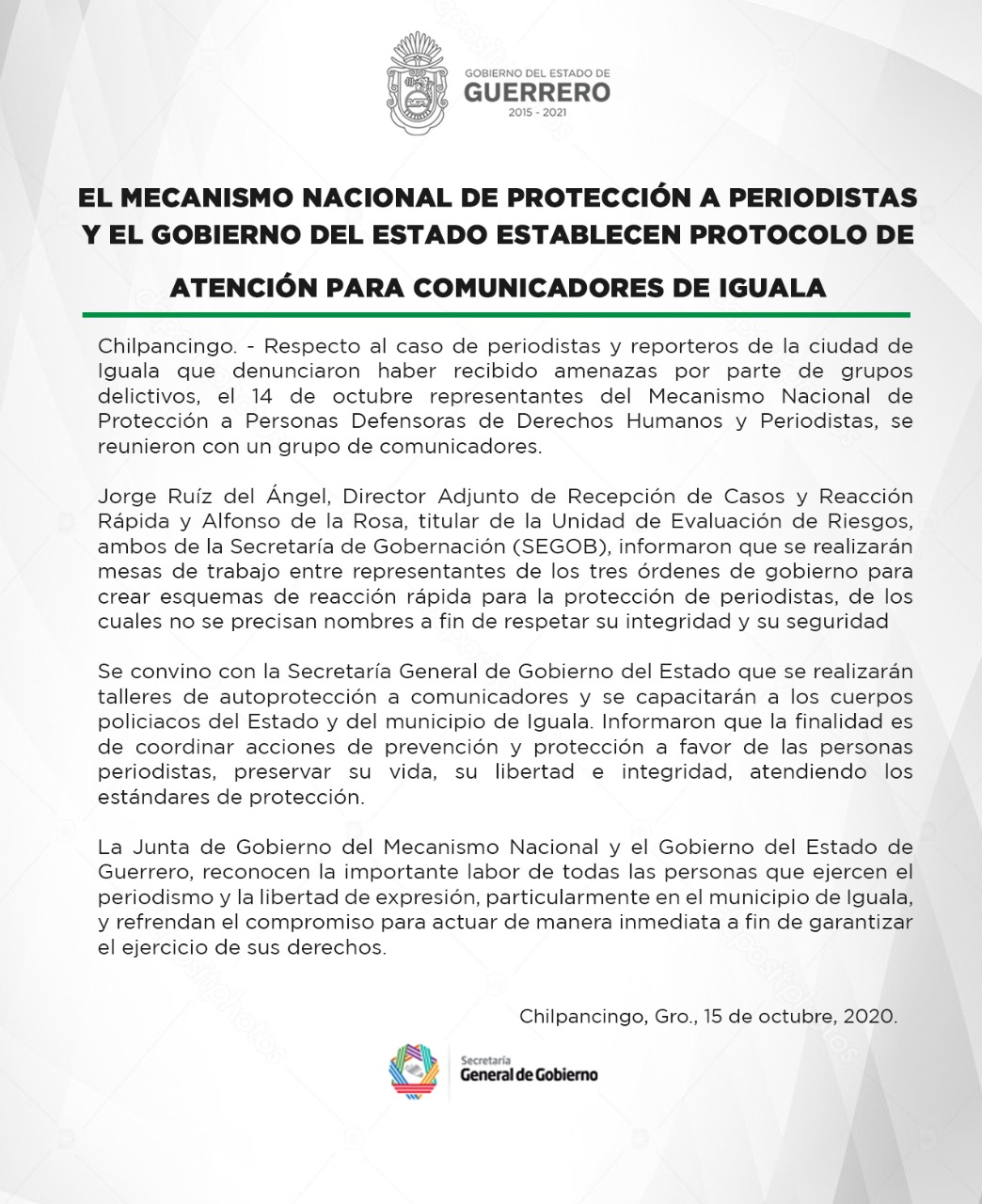 El Mecanismo Nacional y Gobierno de Guerrero establecen protocolo de atención para comunicadores de Iguala