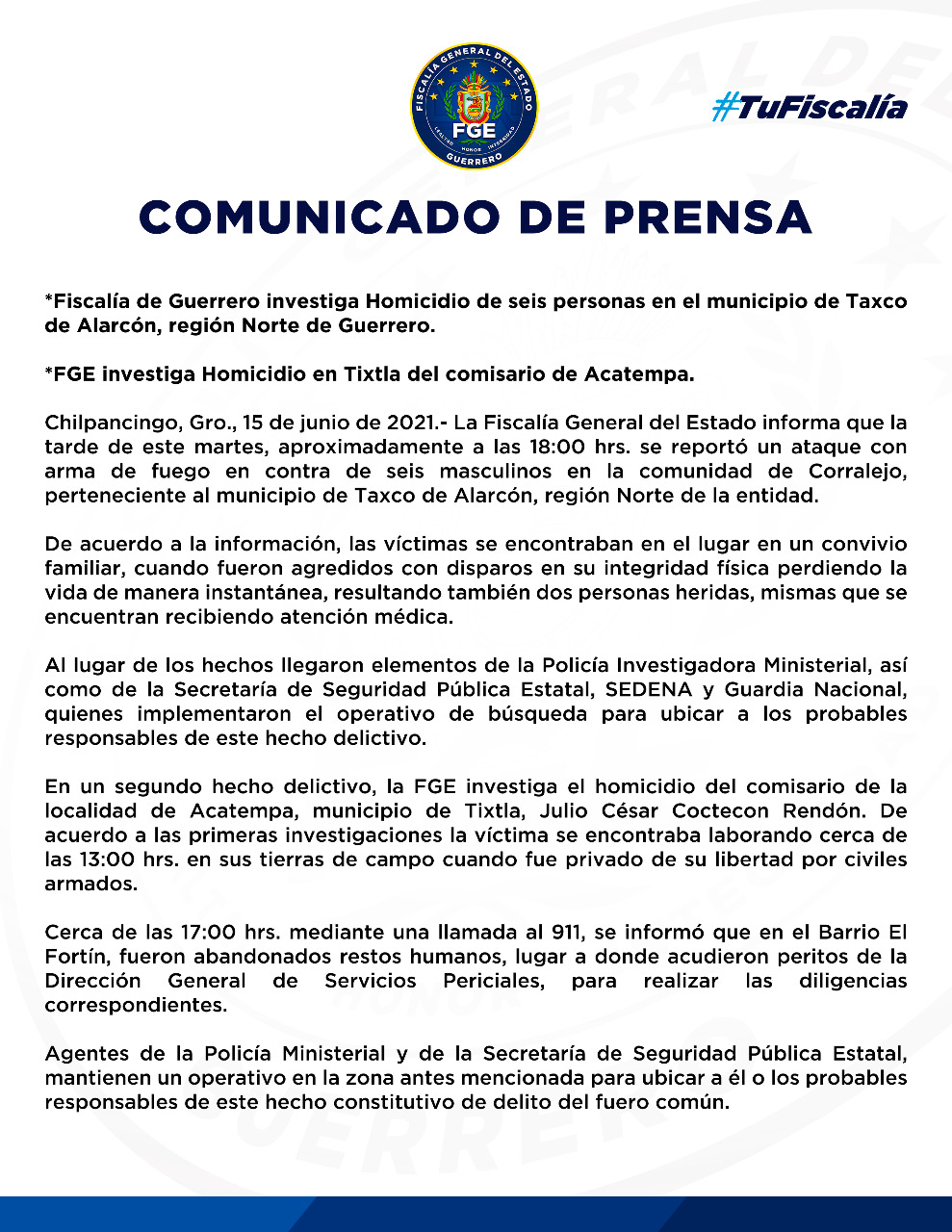 FGE atiende e investiga hechos violentos, en las últimas horas, en Taxco de Alarcón