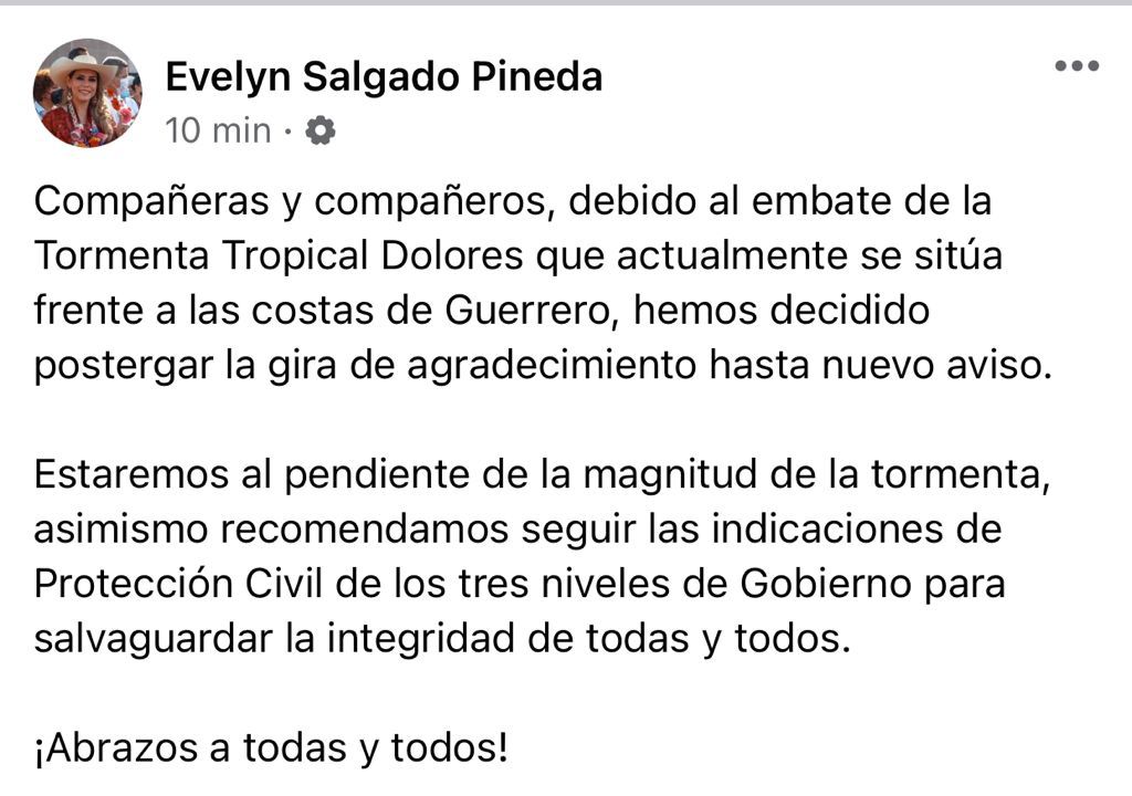 Posterga Evelyn Salgado Pineda gira de agradecimiento debido al desarrollo de la Tormenta Tropical “Dolores”