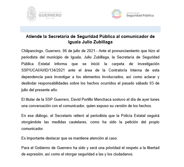 Atiende la Secretaría de Seguridad Pública al comunicador de Iguala Julio Zubillaga
