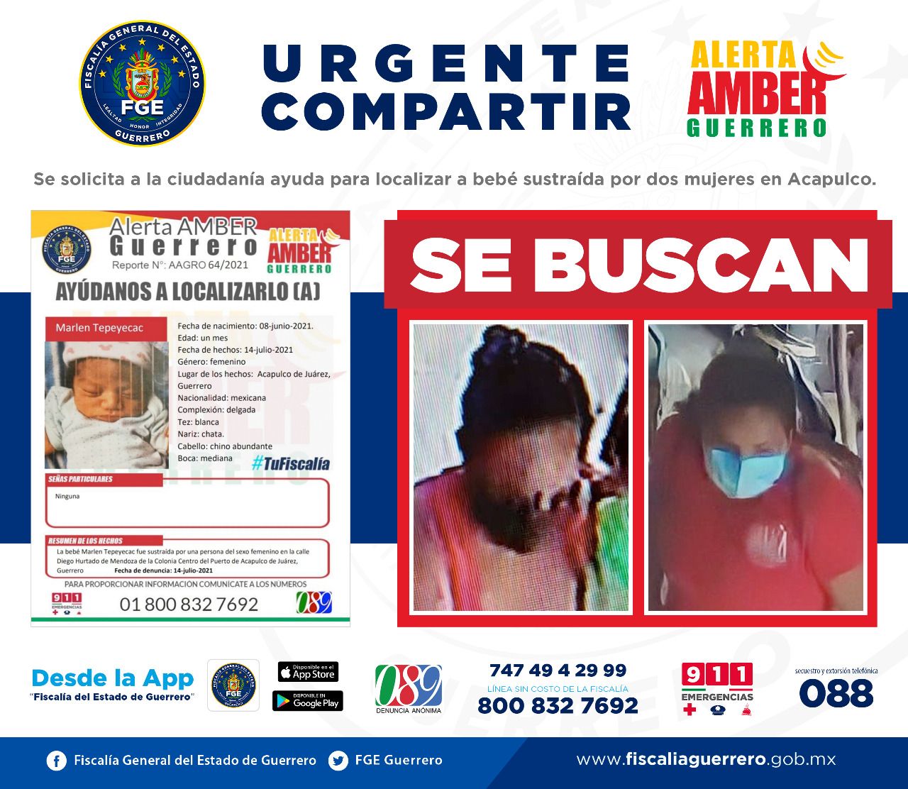 Fiscalía Guerrero solicita colaboración ciudadana para localizar a bebé sustraída por dos mujeres en Acapulco