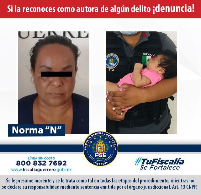 Fiscalía de Guerrero captura en flagrancia a Norma “N” por delito de sustracción de menores de recién nacida, en Acapulco