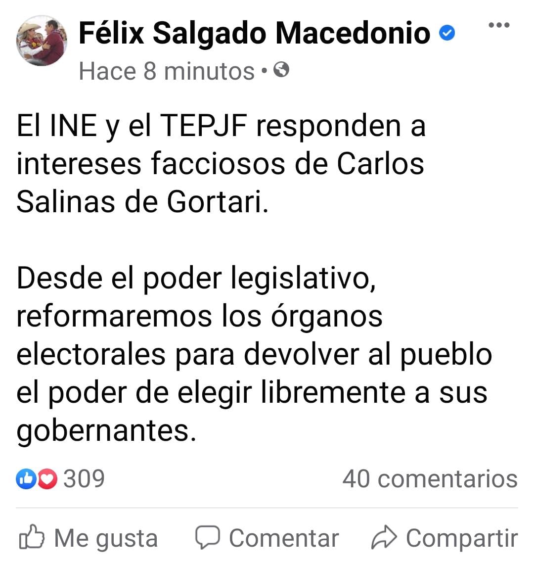 Señala Félix Salgado “intereses facciosos” detrás del TEPJF y el INE