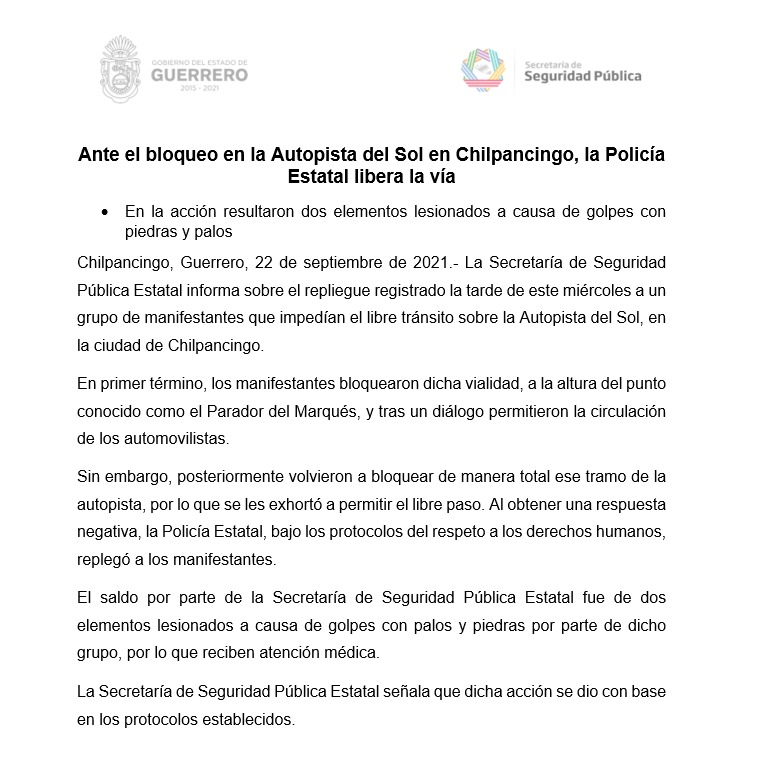 Ante el bloqueo en la Autopista del Sol en Chilpancingo, la Policía Estatal libera la vía