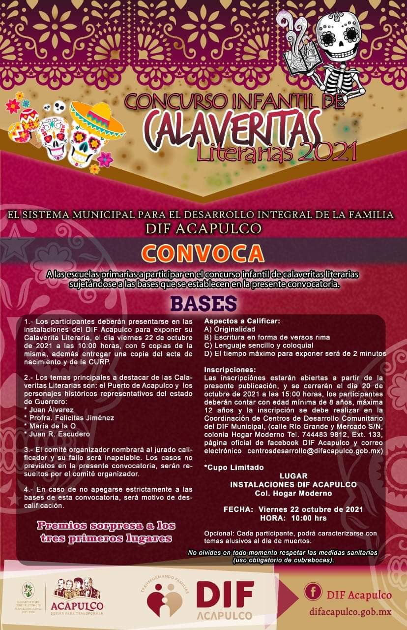 Convoca DIF Municipal al Concurso Infantil de Calaveritas Literarias 2021