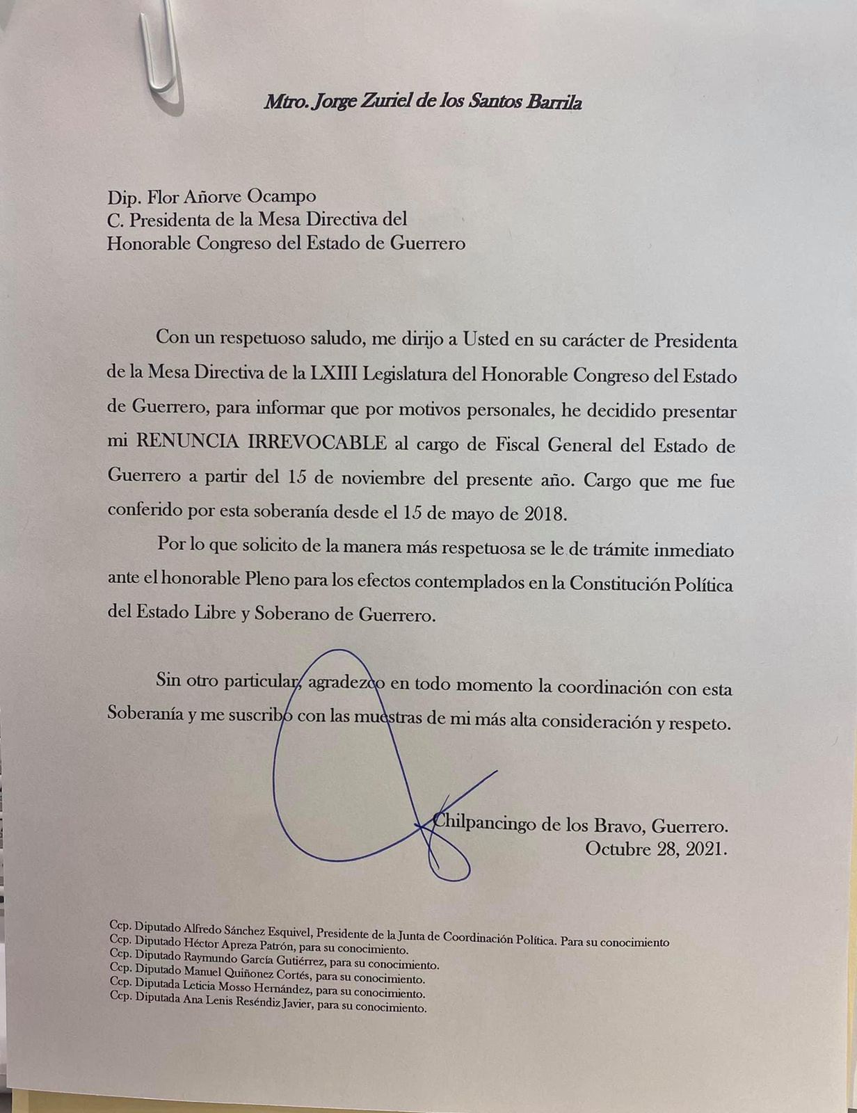 Presenta renuncia fiscal de Guerrero después de 185 días en el cargo