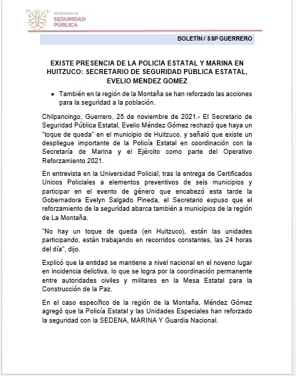Existe presencia de la Policía Estatal y Marina en Huitzuco: Secretario de Seguridad Pública Estatal, Evelio Méndez Gómez 
