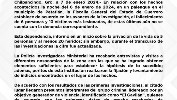 Confirma FGE Guerrero que son 6 muertos y 13 heridos en palenque de Petatlán