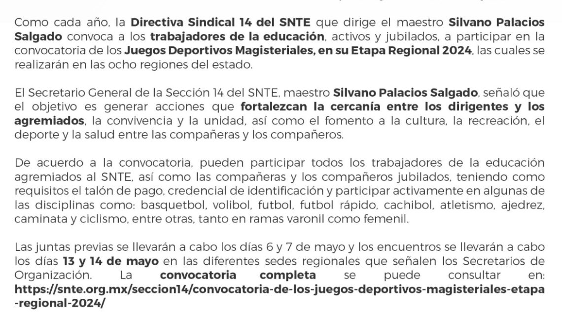 Convoca Sección 14 del SNTE a los Juegos Deportivos Magisteriales 2024