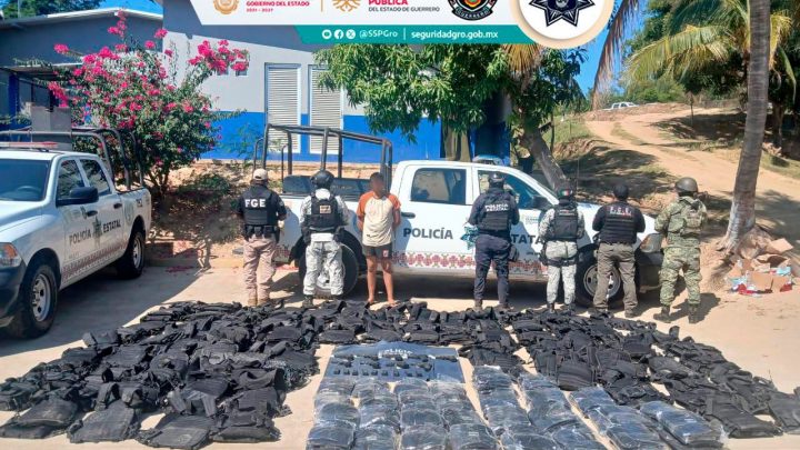 SSP Guerrero, Ejército, GN y FGE aseguran equipo táctico y armamento en Costa Chica; detienen a dos personas