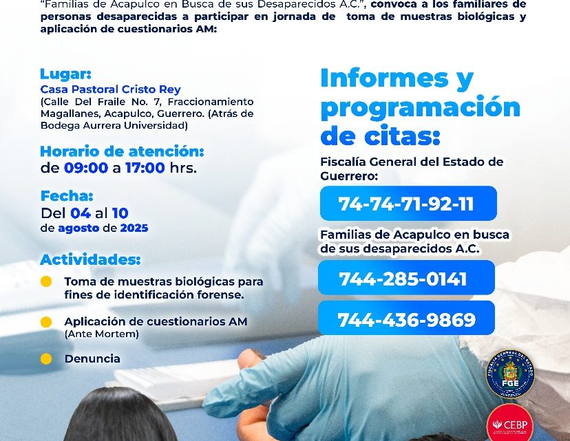 FGE Guerrero realizará jornada de toma de muestras biológicas y aplicación de cuestionarios AM en Acapulco